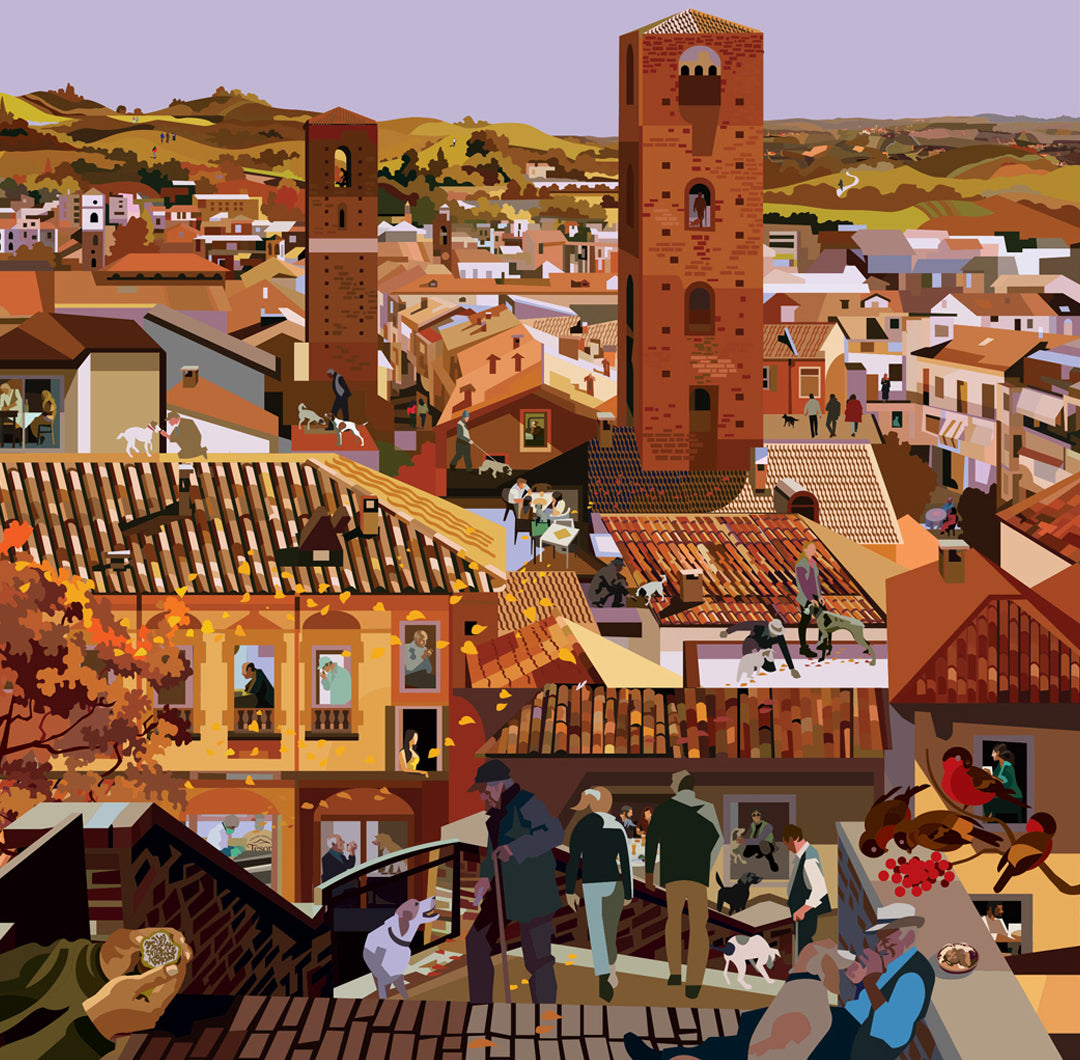 Scopri "Alba Truffle Flavour", l'illustrazione iconica di Pierpaolo Rovero che cattura la magia della stagione del tartufo bianco ad Alba. Un'opera ricca di dettagli, dove storia e tradizione si fondono in una rappresentazione vivace della raccolta del tartufo.